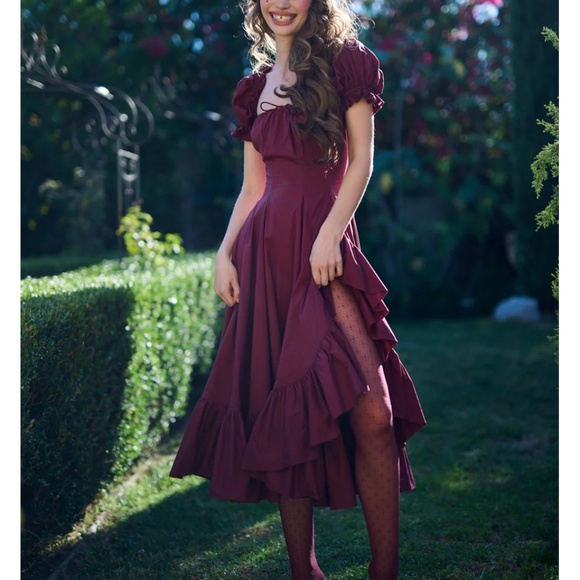NEW Selkie The Bordeaux Foxglove Lace Up Midi Cotton Dress - Burgundy Wine Red - Picture 2 of 11